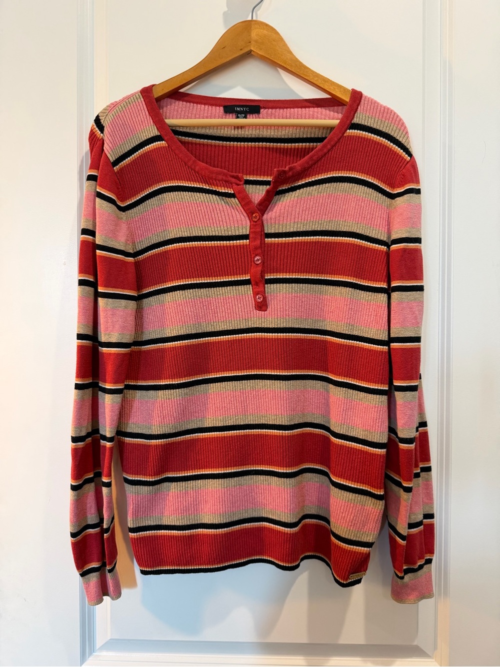 IMNYC Striped Rib Knit Henley Sweater XL Pink Red Tan Black Cotton Blend